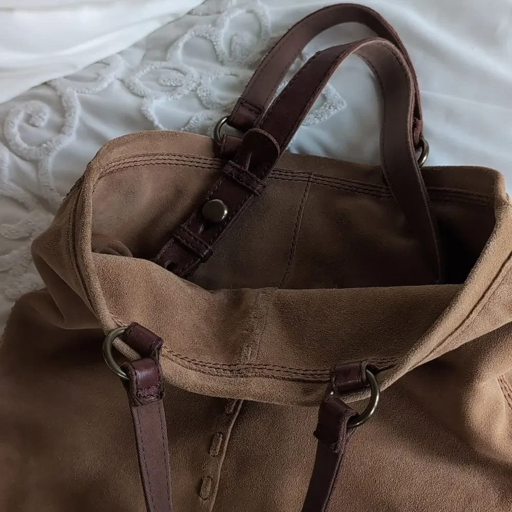 Lucky Brand Bag Vintage Tan Suede Large Tote- Fold Over Shoulder Sack Hobo Tote